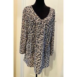 Dana Buchman Women's V Neck 3/4 Sleeves Animal/Zebra Print XL Stretch Tunic Top